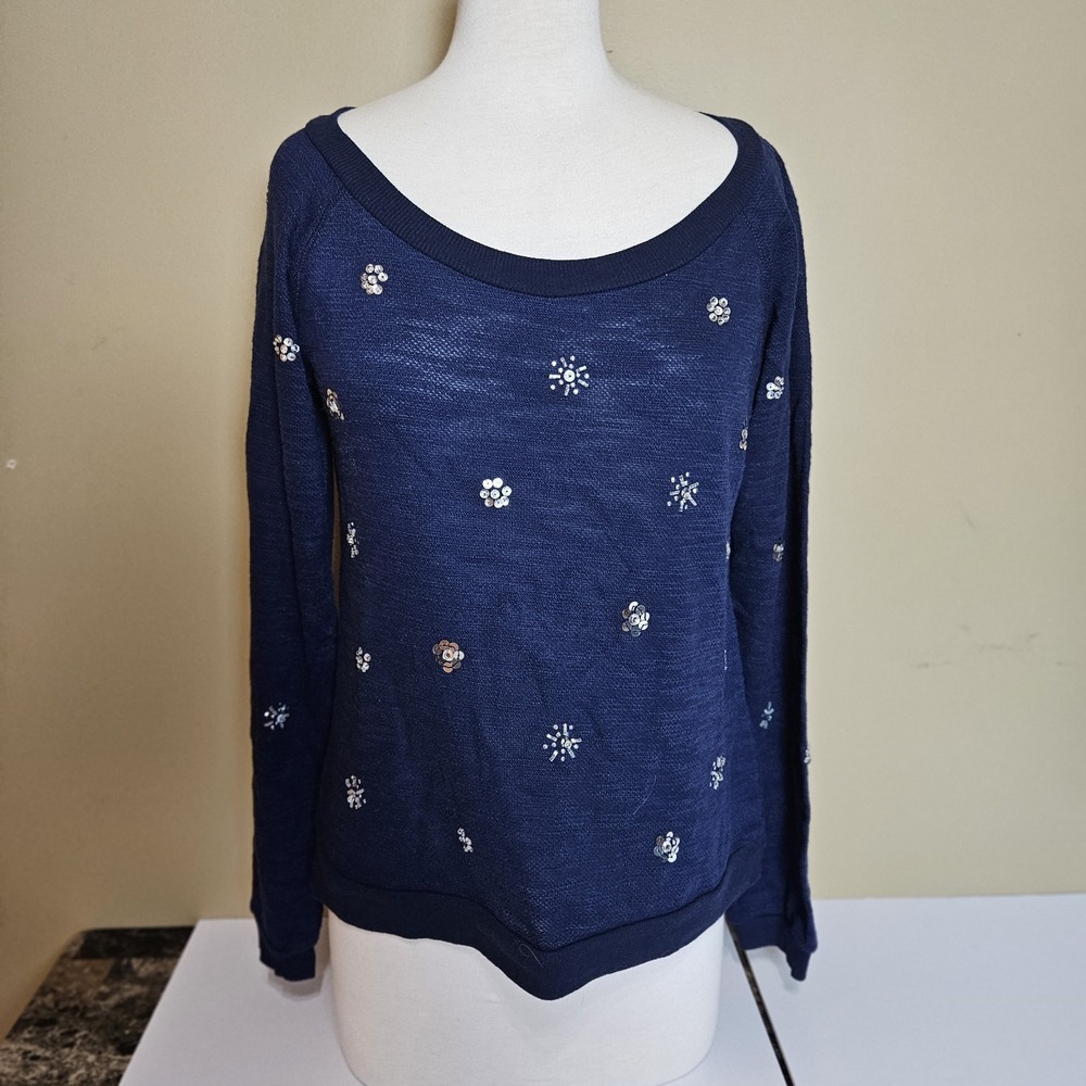 Belle du‎ Jour Sweater Small Blue Sequin Floral Lightweight Knit Top